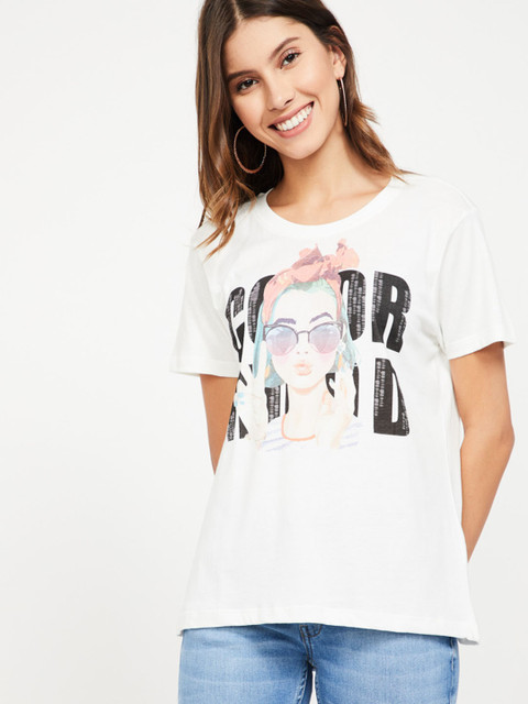 

Ginger by Lifestyle Women White Printed Round Neck T-shirt