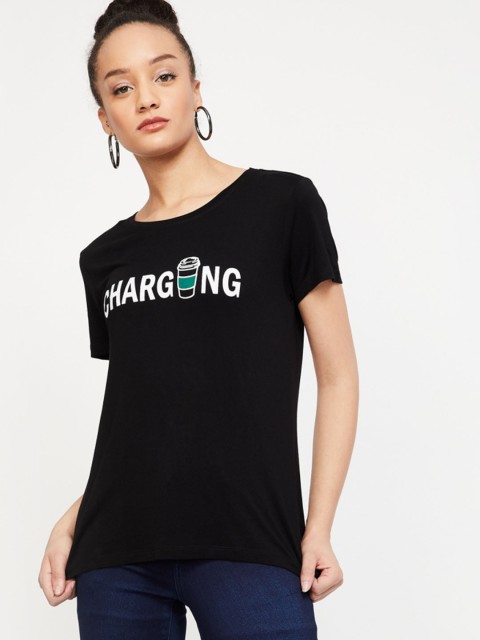 

Ginger by Lifestyle Women Black Printed Round Neck T-shirt