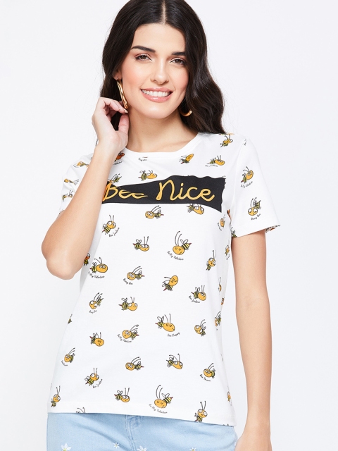 

Ginger by Lifestyle Women Off-White & Yellow Printed Round Neck T-shirt