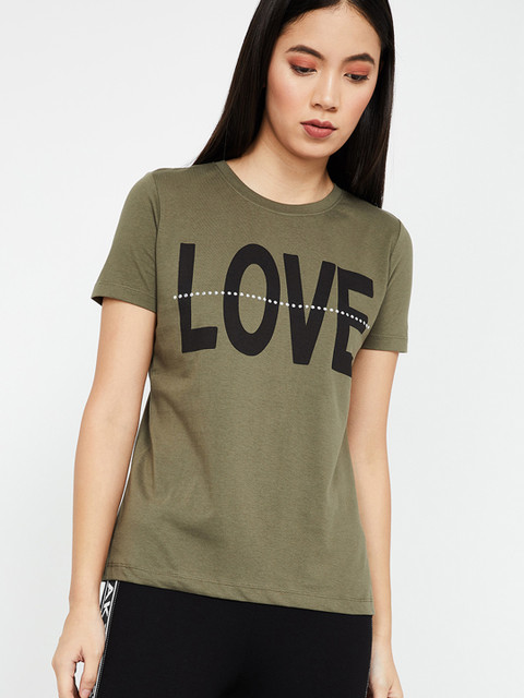 

Ginger by Lifestyle Women Olive Green Printed Round Neck T-shirt