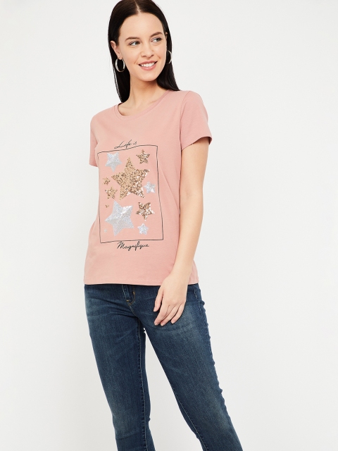 

Ginger by Lifestyle Women Pink Printed Round Neck T-shirt