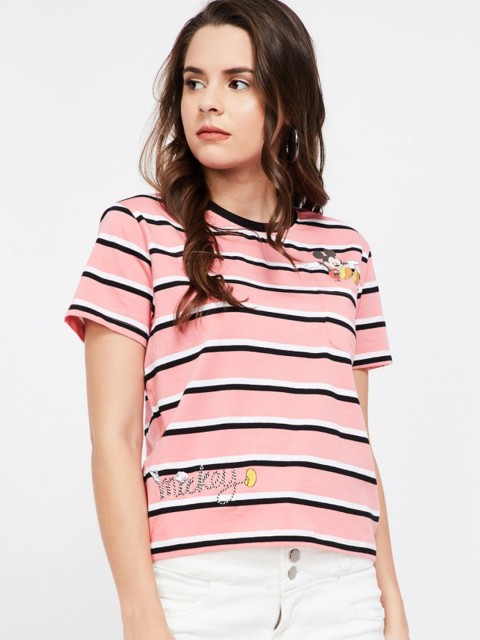 

Ginger by Lifestyle Women Pink Striped Round Neck T-shirt