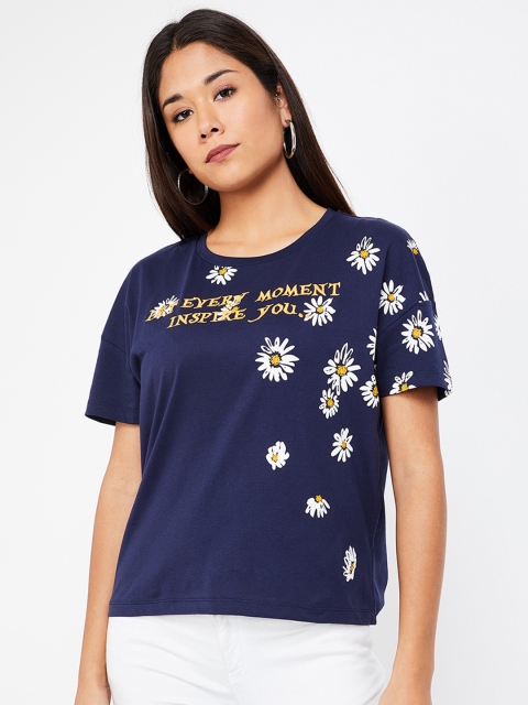 

Ginger by Lifestyle Women Navy Blue Printed Round Neck T-shirt