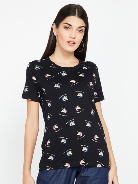 

Ginger by Lifestyle Women Black & White Printed Round Neck T-shirt