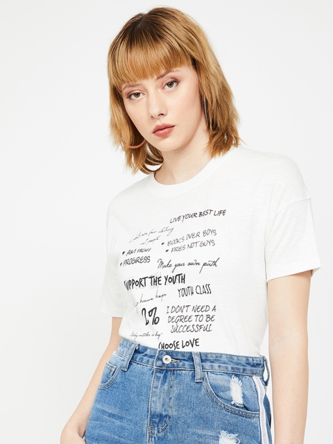 

Ginger by Lifestyle Women Off-White Printed Round Neck T-shirt