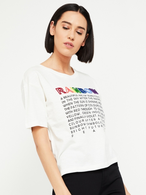 

Ginger by Lifestyle Women Off-White Printed Round Neck T-shirt