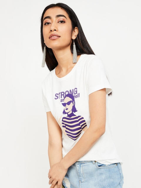 

Ginger by Lifestyle Women White Printed Round Neck T-shirt