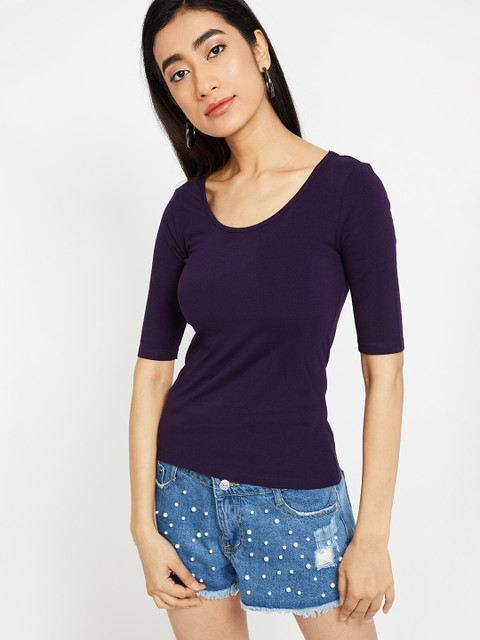 

Ginger by Lifestyle Women Purple Solid Scoop Neck T-shirt