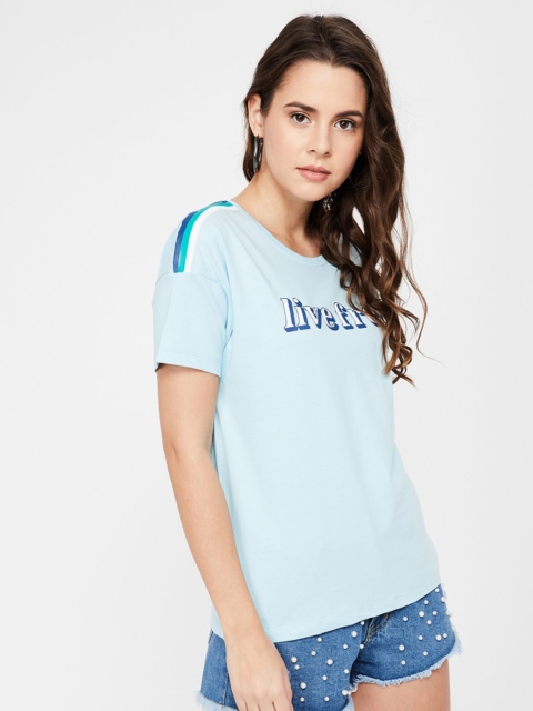 

Ginger by Lifestyle Women Blue Printed Round Neck T-shirt