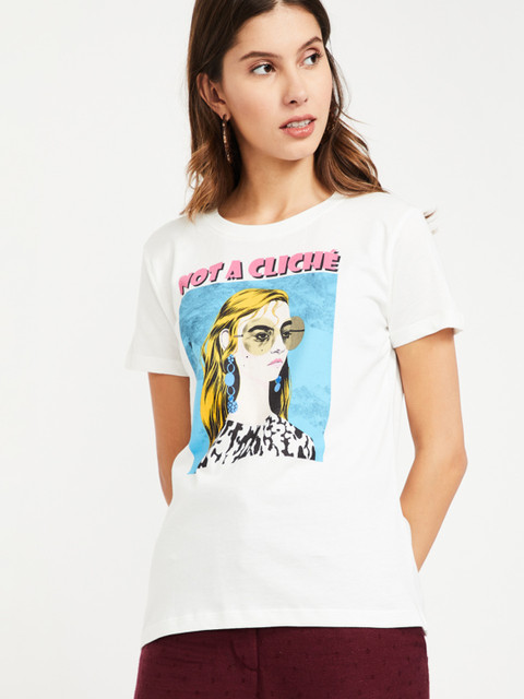 

Ginger by Lifestyle Women Off-White Printed Round Neck T-shirt
