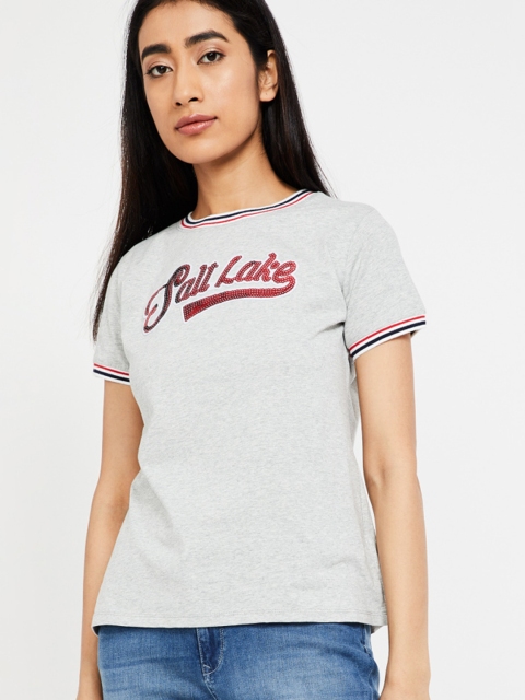

Ginger by Lifestyle Women Grey Embellished Round Neck T-shirt