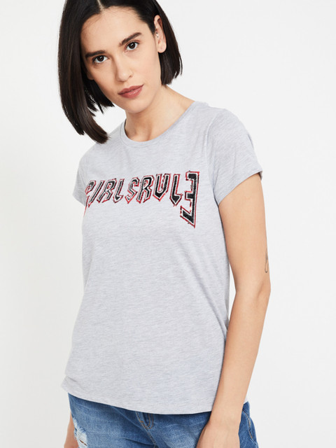 

Ginger by Lifestyle Women Grey Melange Printed Round Neck T-shirt