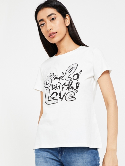 

Ginger by Lifestyle Women Off-White Printed Round Neck T-shirt