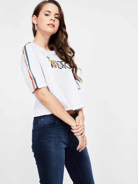 

Ginger by Lifestyle Women White Printed Round Neck T-shirt