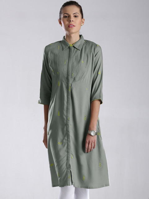 

W Grey Panelled Printed A-Line Kurta