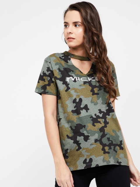 

Ginger by Lifestyle Women Olive Green Printed V-Neck T-shirt