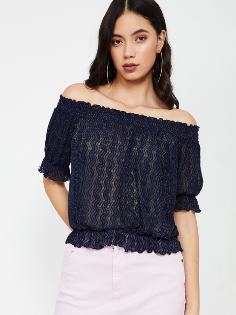 

Ginger by Lifestyle Women Navy Blue Self Design Bardot Top