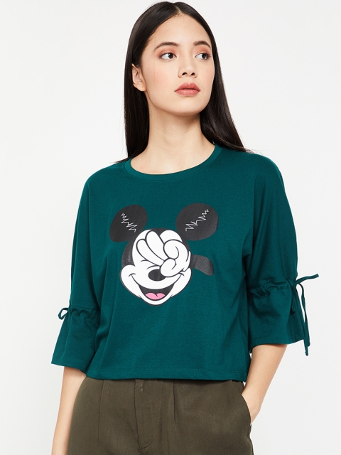 

Ginger by Lifestyle Women Teal Green Mickey Mouse Printed Round Neck T-shirt