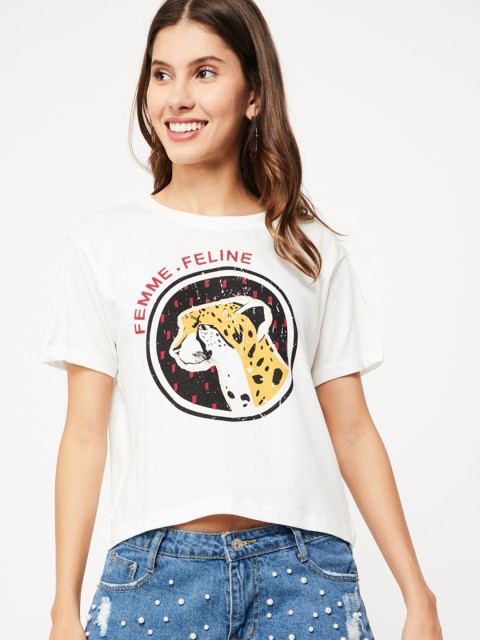 

Ginger by Lifestyle Women White Printed Round Neck T-shirt