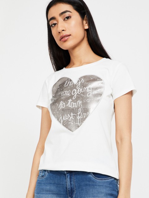 

Ginger by Lifestyle Women White Printed Round Neck T-shirt