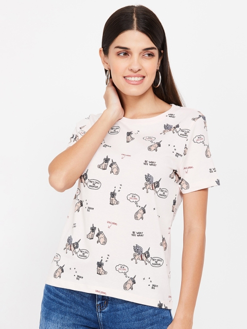 

Ginger by Lifestyle Women Pink & Grey Printed Round Neck T-shirt