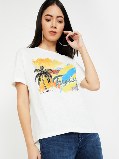 

Ginger by Lifestyle Women Off-White Printed Round Neck T-shirt