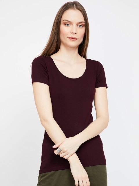 

Ginger by Lifestyle Women Maroon Solid Scoop Neck T-shirt