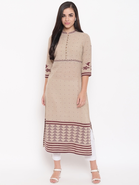 

Kurti's by Menka Women Beige & Burgundy Block Print Straight Kurta