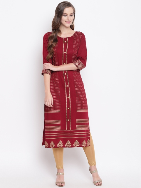 

Kurti's by Menka Women Maroon & Golden Block Printed Straight Kurta