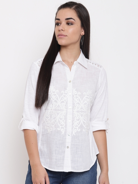 

Kurti's by Menka Women White Regular Fit Embroidered Detail Self Design Casual Shirt