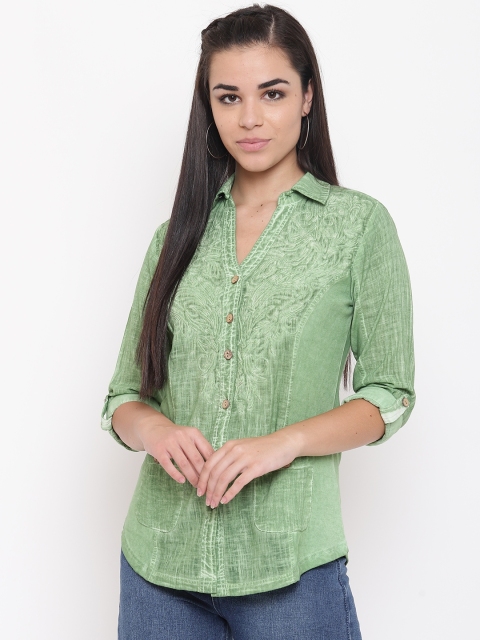 

Kurti's by Menka Women Green Regular Fit Embroidered Casual Shirt