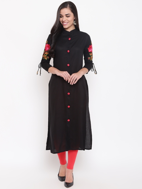 

Kurti's by Menka Women Black Solid Straight Kurta with Floral Embroidered Detail