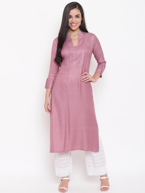 

Kurti's by Menka Women Mauve Self-Striped Straight Kurta