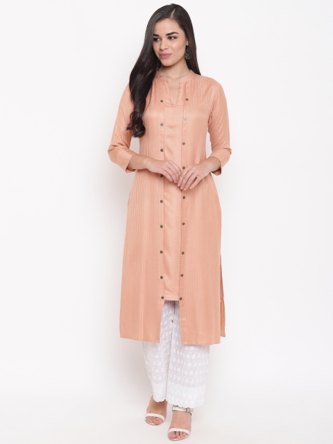 

Kurti's by Menka Women Peach-Coloured Self-Striped Straight Kurta