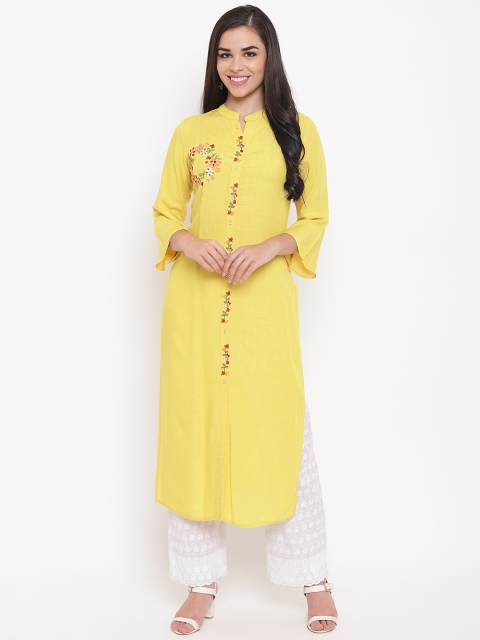 

Kurti's by Menka Women Yellow Floral Embroidered Detail Solid Straight Kurta