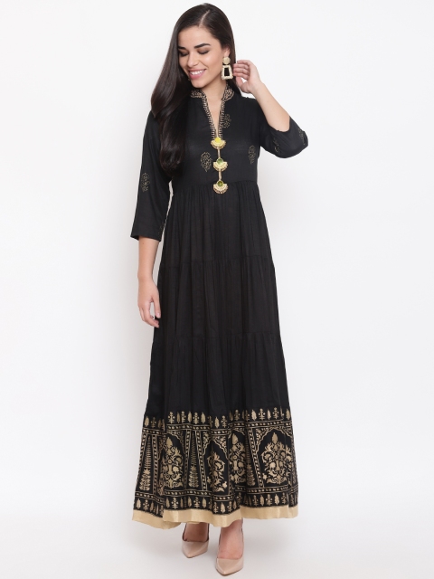 

Kurti's by Menka Women Black & Golden Block Printed Maxi Dress