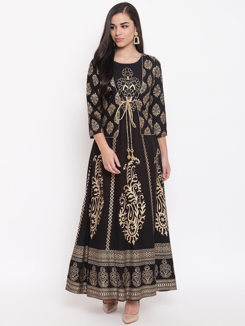 

Kurti's by Menka Women Black & Golden Block Printed Layered Anarkali Kurta