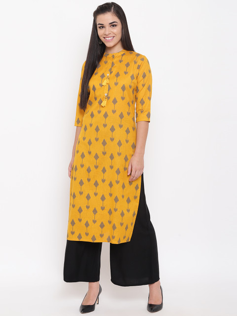 

Kurti's by Menka Women Mustard Yellow & Grey Printed Straight Kurta