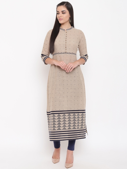 

Kurti's by Menka Women Beige & Navy Blue Block Print Straight Kurta