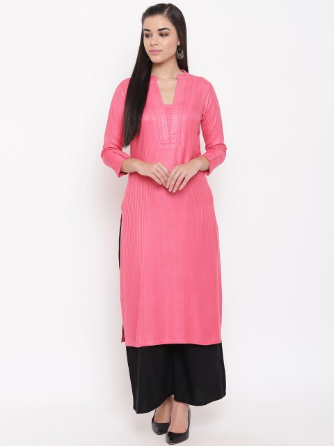 

Kurti's by Menka Women Pink Self-Striped Straight Kurta
