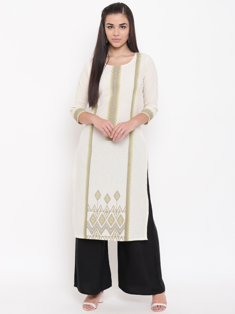 

Kurti's by Menka Women Off-White Block Print Straight Kurta