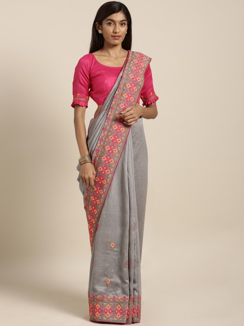 

Kvsfab Women Grey Embroidered Poly Georgette Saree