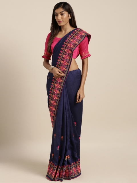 

Kvsfab Navy Blue Embroidered Poly Georgette Saree