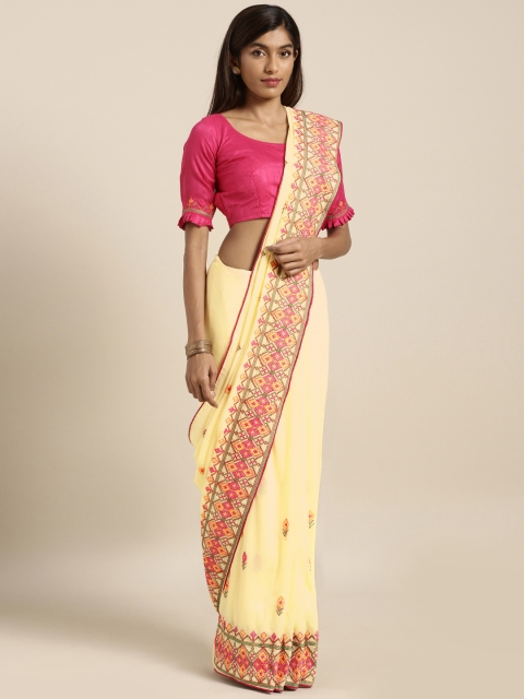 

Kvsfab Cream-Coloured Embroidered Poly Georgette Saree