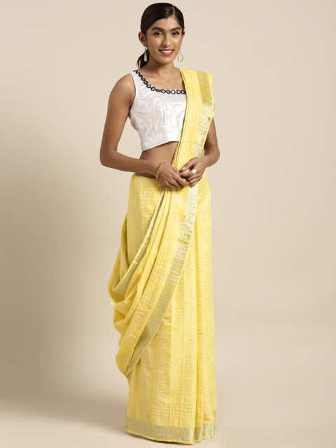 

Kvsfab Yellow Checked Linen Blend Saree