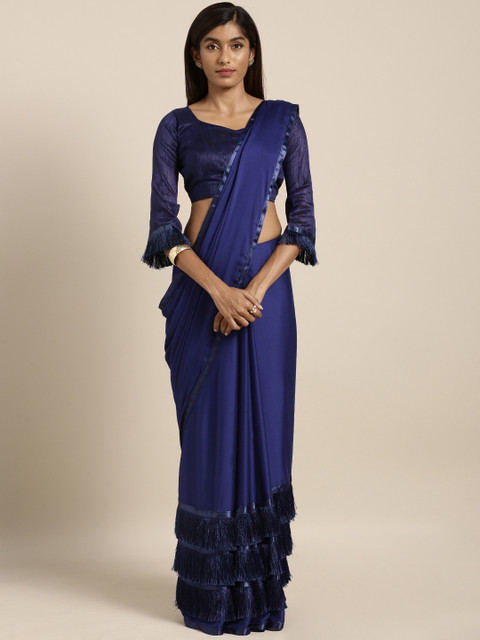 

Kvsfab Navy Solid Poly Georgette Saree, Navy blue