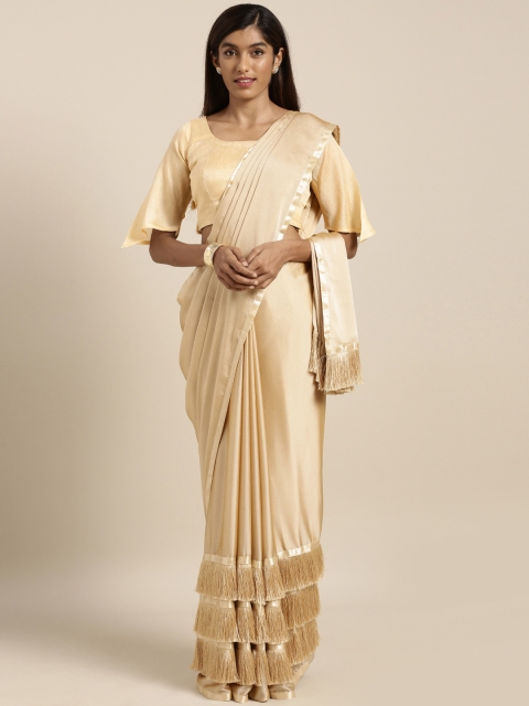 

Kvsfab Women Beige Solid Poly Georgette Fringed Saree