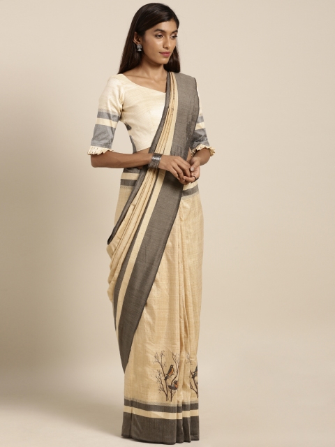 

Kvsfab Women Beige & Grey Cotton Blend Printed Saree