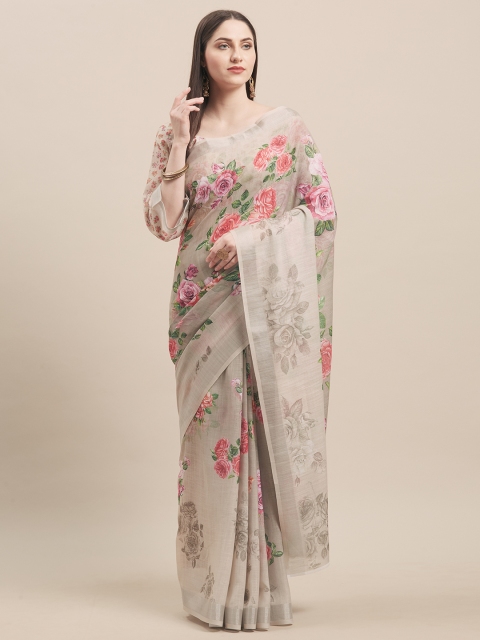 

Kvsfab Off-White & Pink Printed Linen Blend Saree