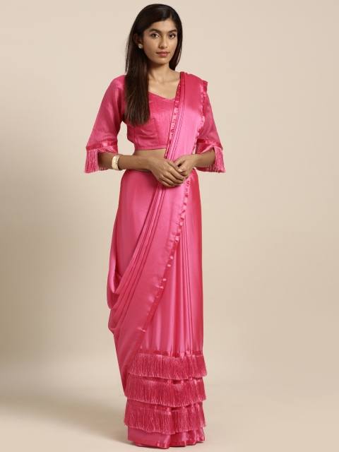 

Kvsfab Women Pink Solid Poly Georgette Fringed Saree
